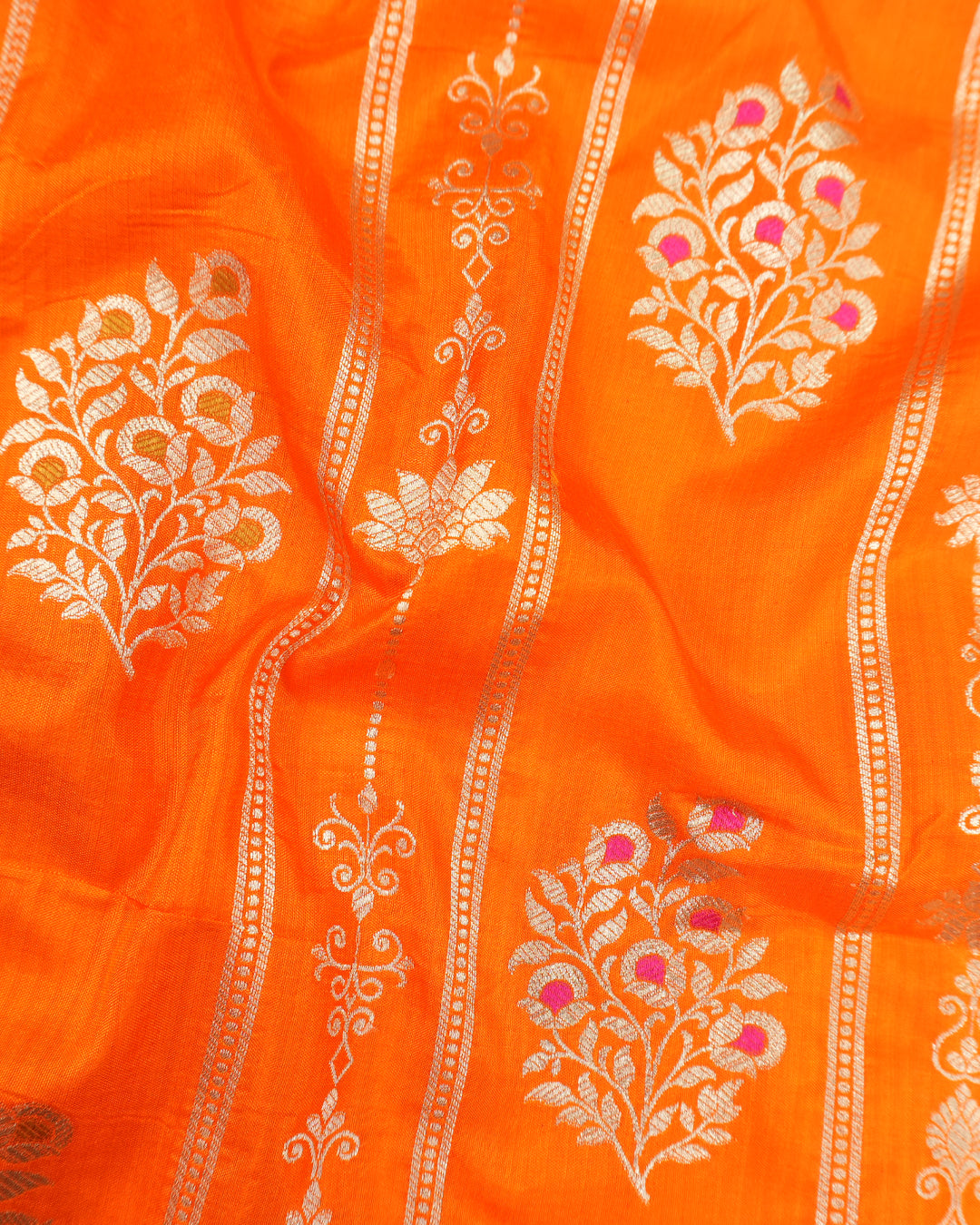 Orange Pure Katan Saree with Floral Butta Weaves