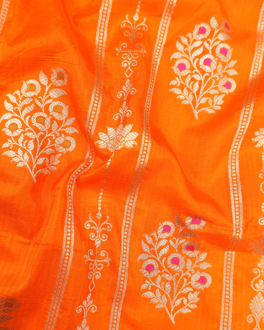 Orange Pure Katan Saree with Floral Butta Weaves