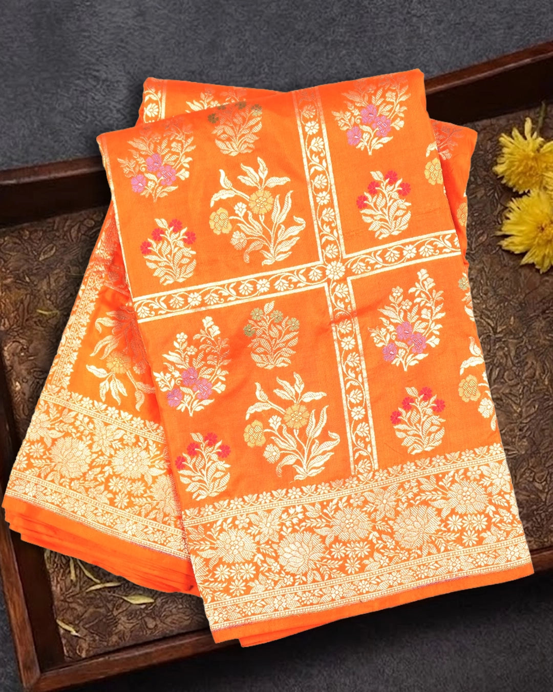 Orange Pure Katan Saree with Rich Meenakari Floral Buta Weaves