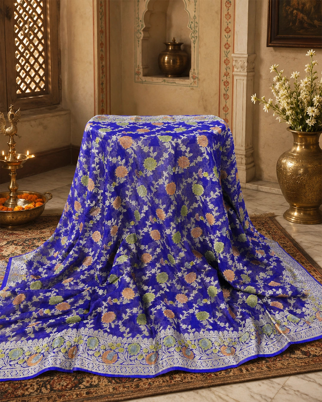 Blue Pure Chiffon Saree with Meenakari Floral Vine Weaves