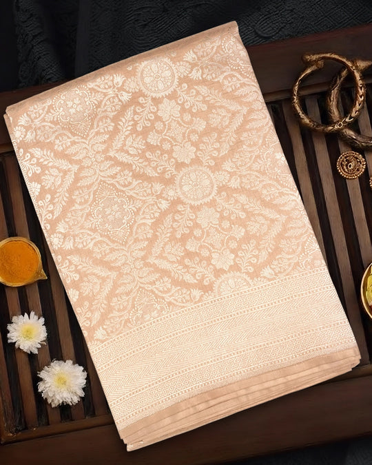Champagne Beige Pure Katan Saree with Rich Floral Jaal Weaving