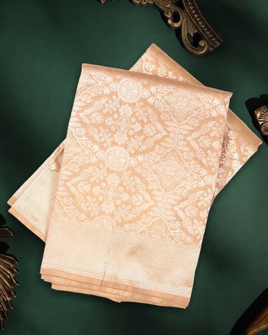 Champagne Beige Pure Katan Saree with Rich Floral Jaal Weaving