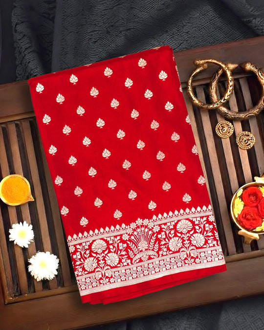 Red Pure Katan Saree with Delicate Floral Buti Weaving