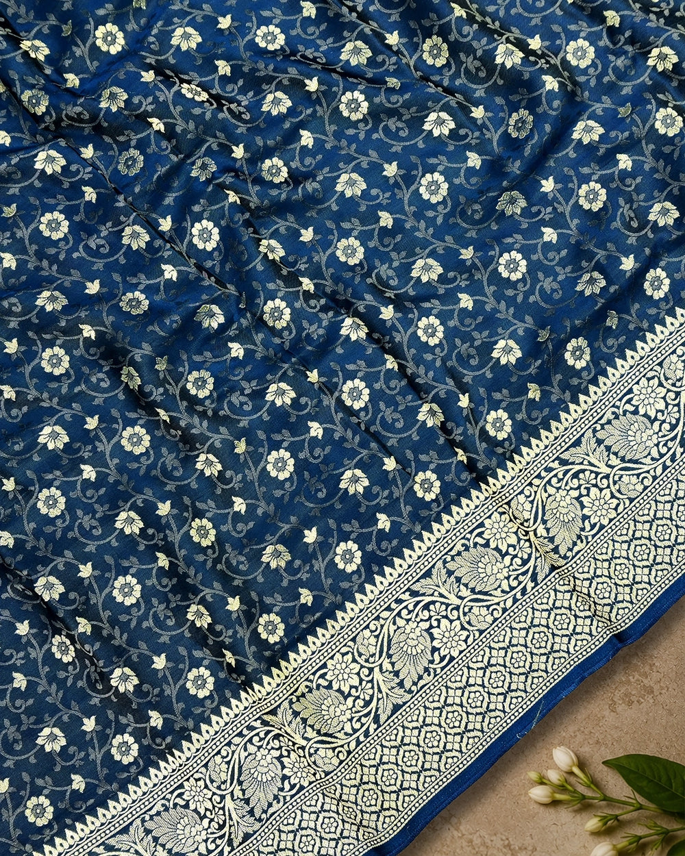 Morpinch Ink Blue Pure Banarasi Saree with Floral Tanchoi Weaves