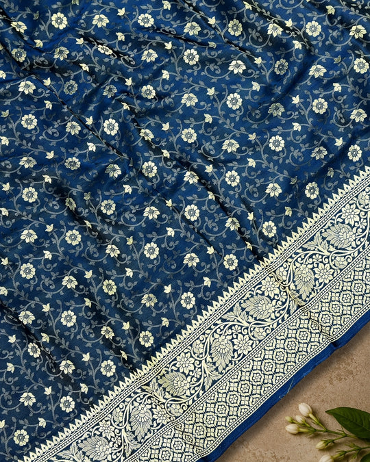 Morpinch Ink Blue Pure Banarasi Saree with Floral Tanchoi Weaves
