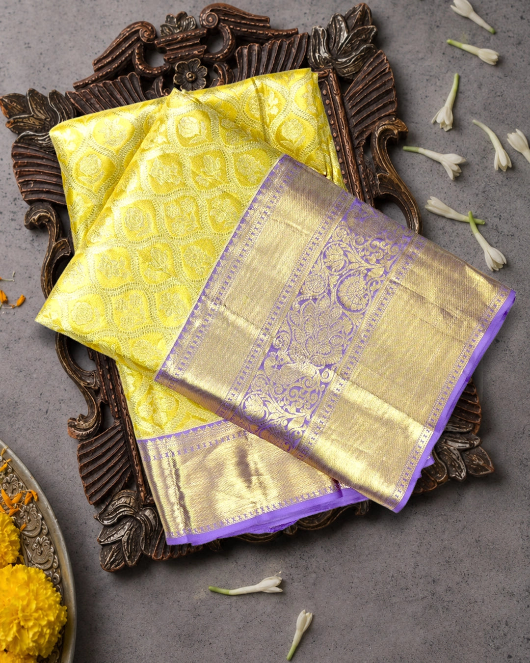 Yellow Pure Kanjivaram Saree with Floral Jaal and Broad Contrast Border
