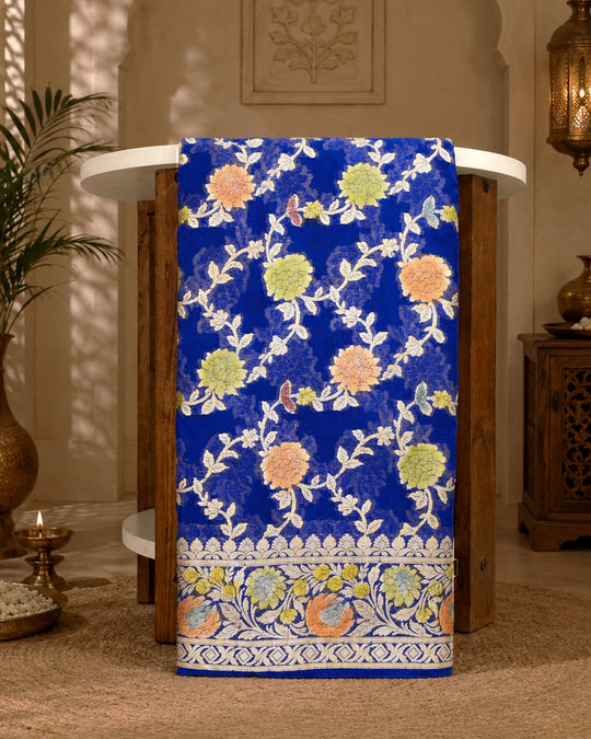 Blue Pure Chiffon Saree with Meenakari Floral Vine Weaves