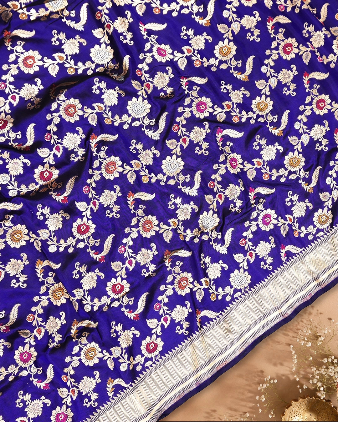 Royal Blue Pure Katan Saree with Exotic Floral Meenakari Jaal Weaving