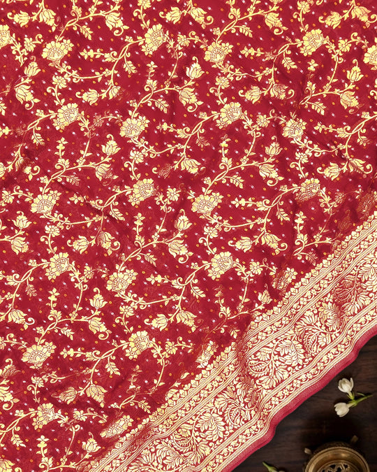 Red Pure Khaddi Georgette Bandhej Saree with Vintage Floral Jaal Weaves
