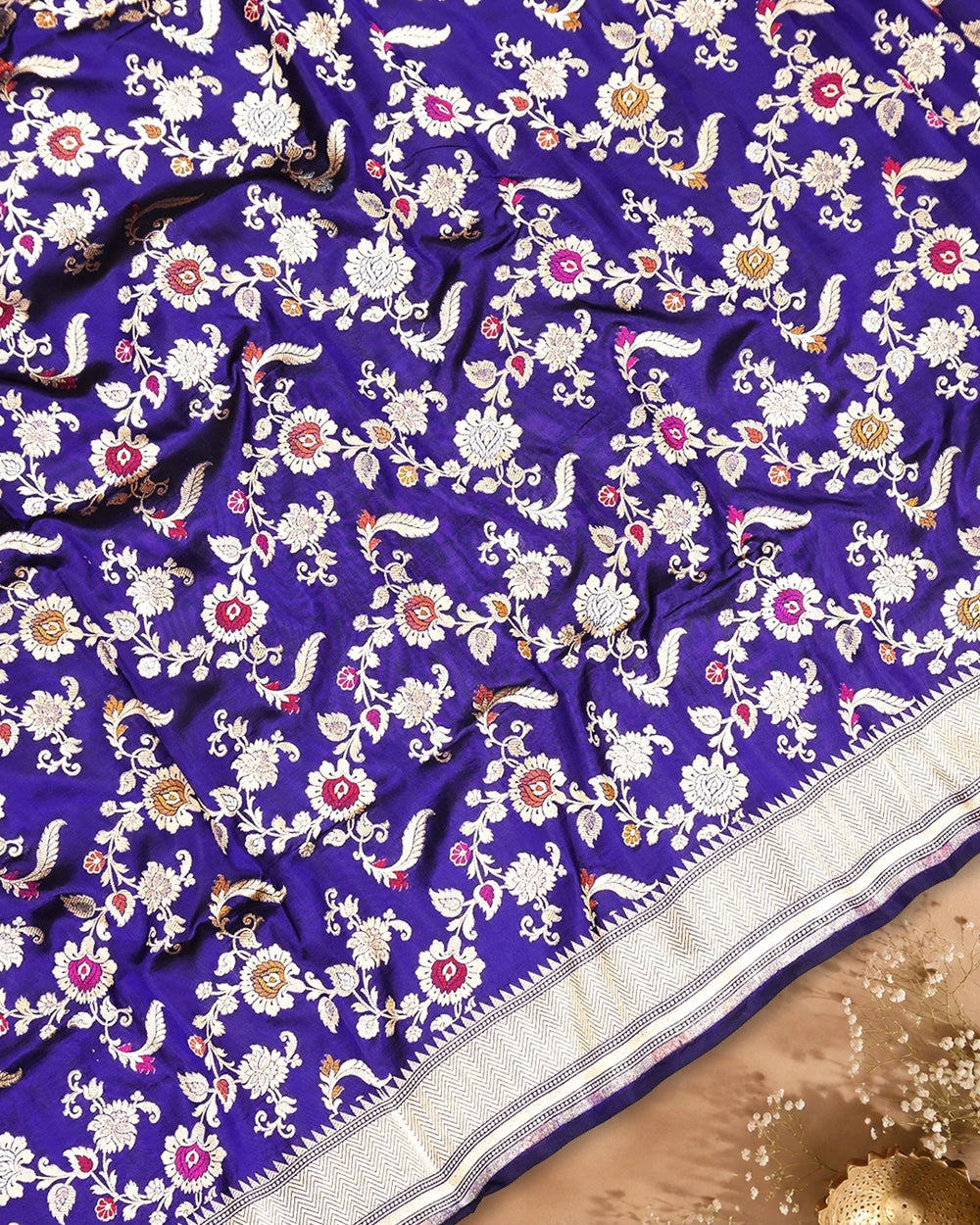 Royal Blue Pure Katan Saree with Exotic Floral Meenakari Jaal Weaving