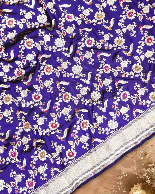 Royal Blue Pure Katan Saree with Exotic Floral Meenakari Jaal Weaving