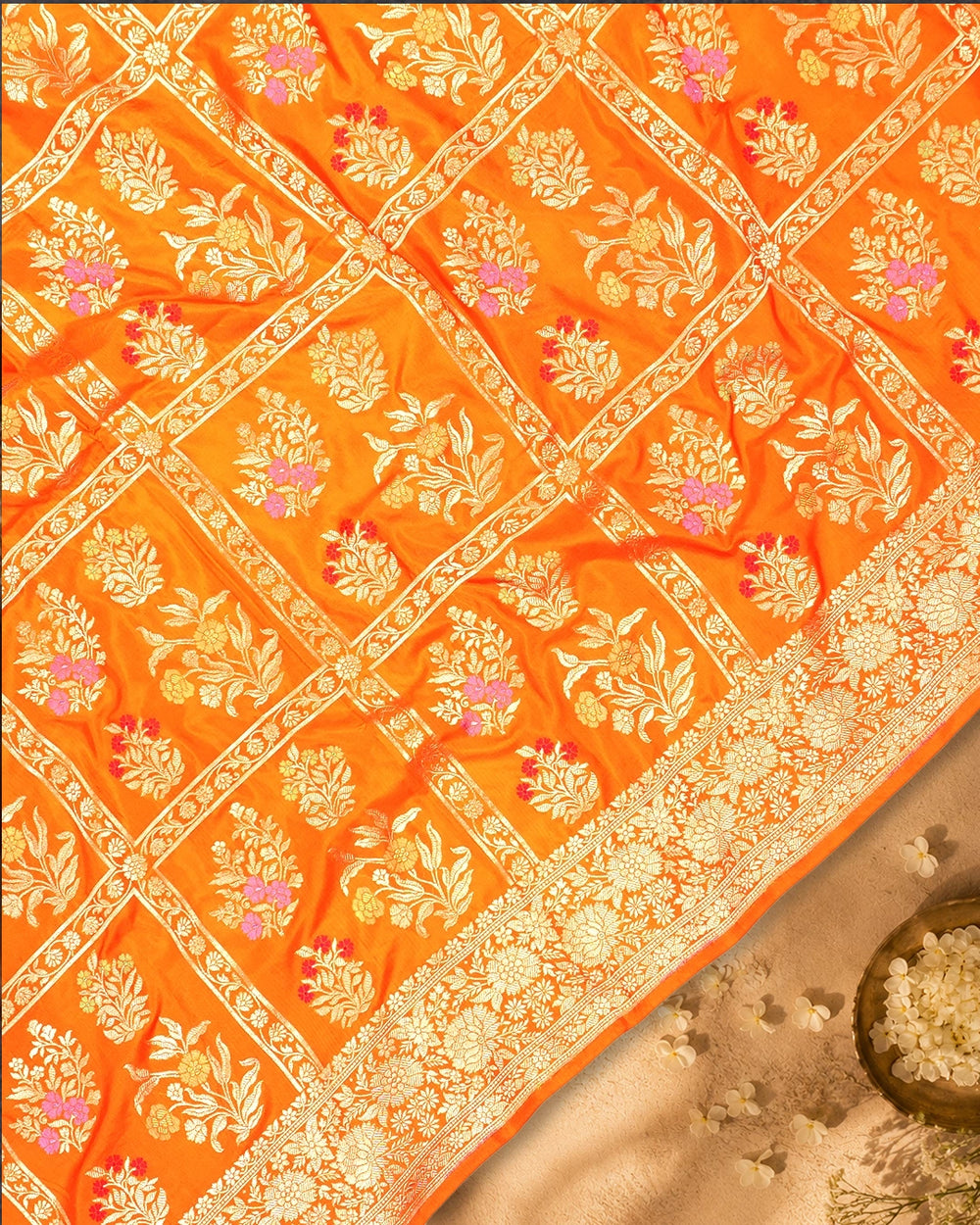 Orange Pure Katan Saree with Rich Meenakari Floral Buta Weaves