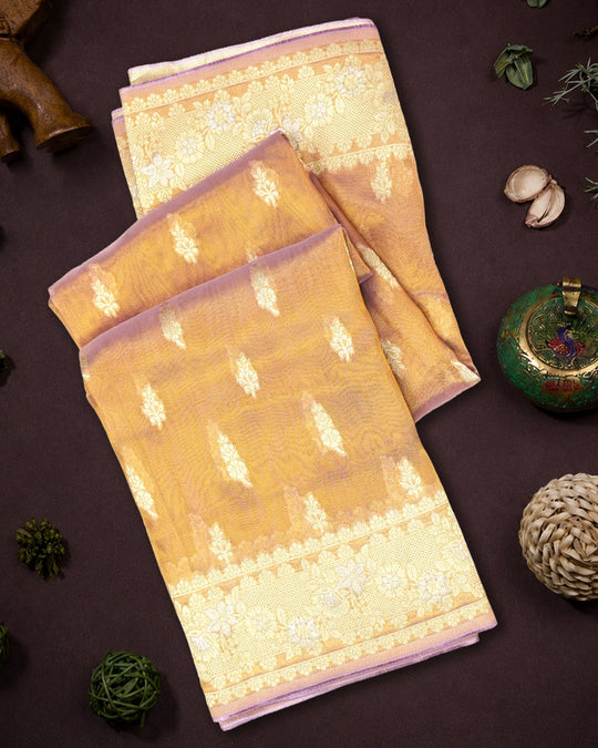 Soft Lavender Gold Pure Tissue Saree with Delicate Leaf Butas