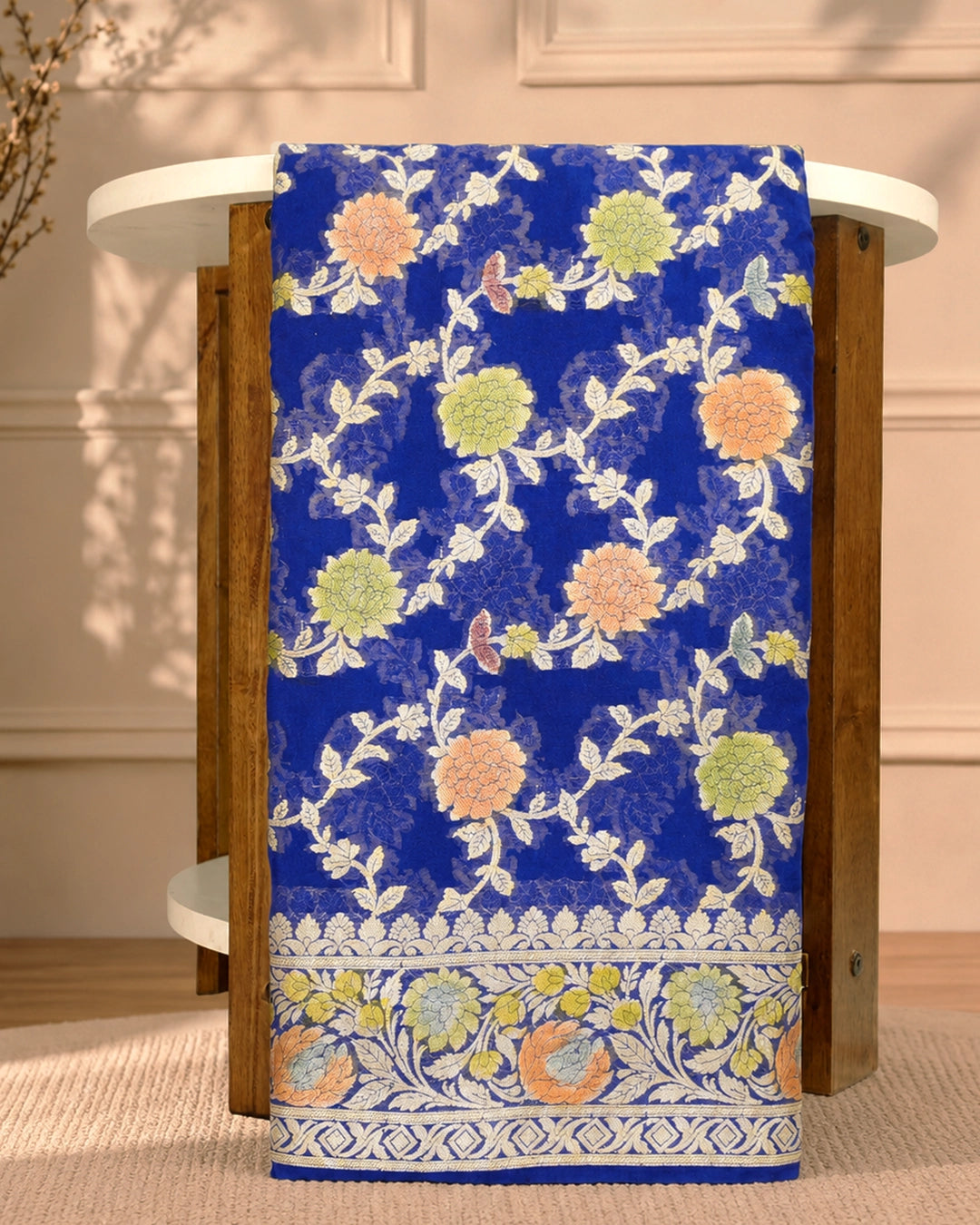 Blue Pure Chiffon Saree with Meenakari Floral Vine Weaves