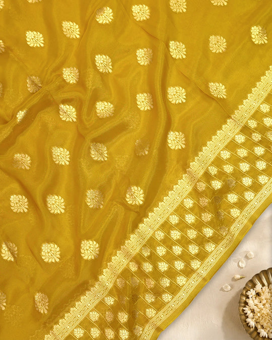 Mustard Gold Pure Tissue Saree with Floral Medallions Weaves