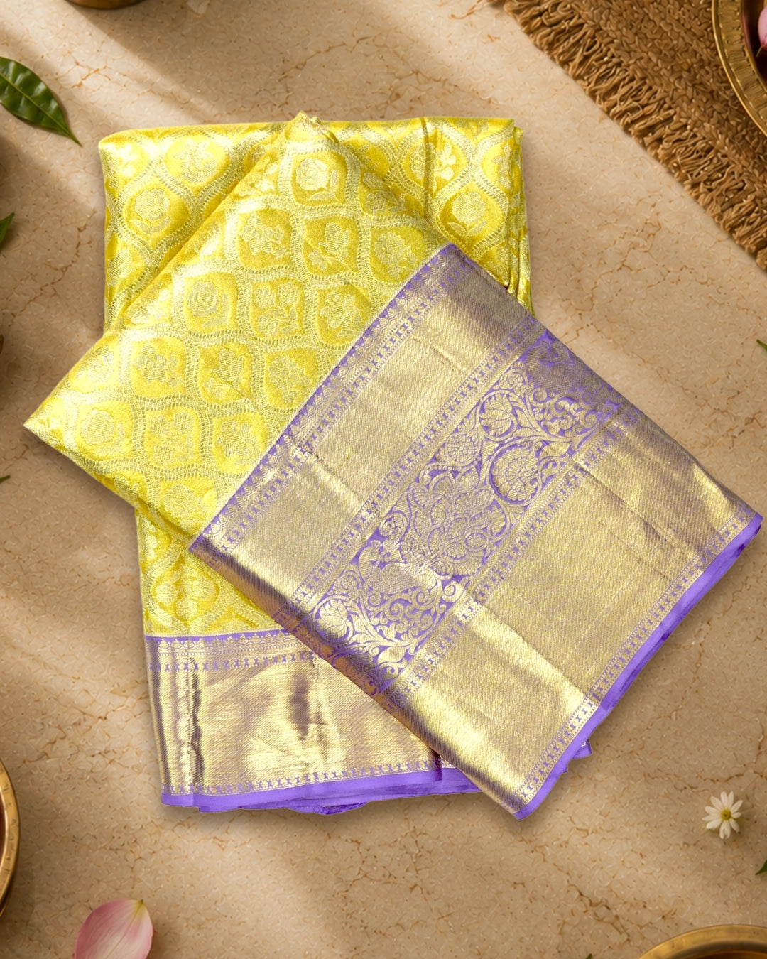 Yellow Pure Kanjivaram Saree with Floral Jaal and Broad Contrast Border