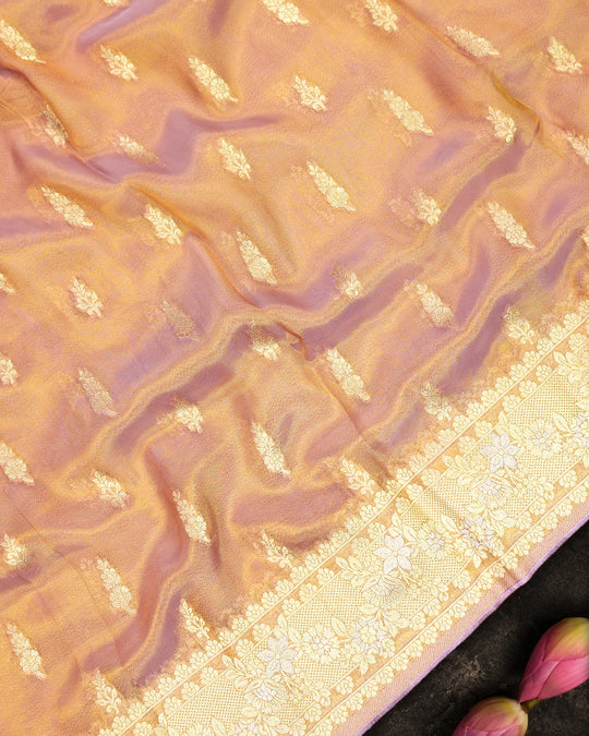 Soft Lavender Gold Pure Tissue Saree with Delicate Leaf Butas