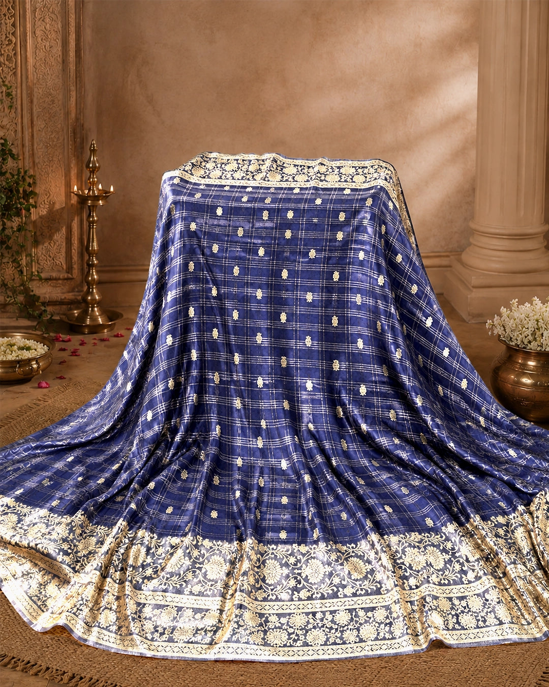 Navy Blue Pure Tangail Silk Saree with Butidar Checkered Weaving
