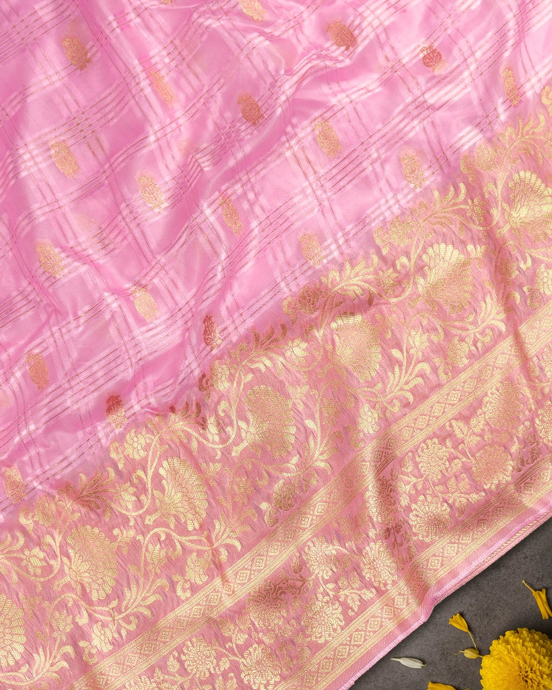 Pink Pure Tangail Silk Saree with Checkered Butidar Weaves