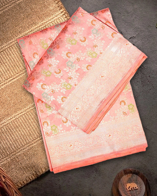 Peach Pink Pure Katan Saree with Floral Meenakari Weaves