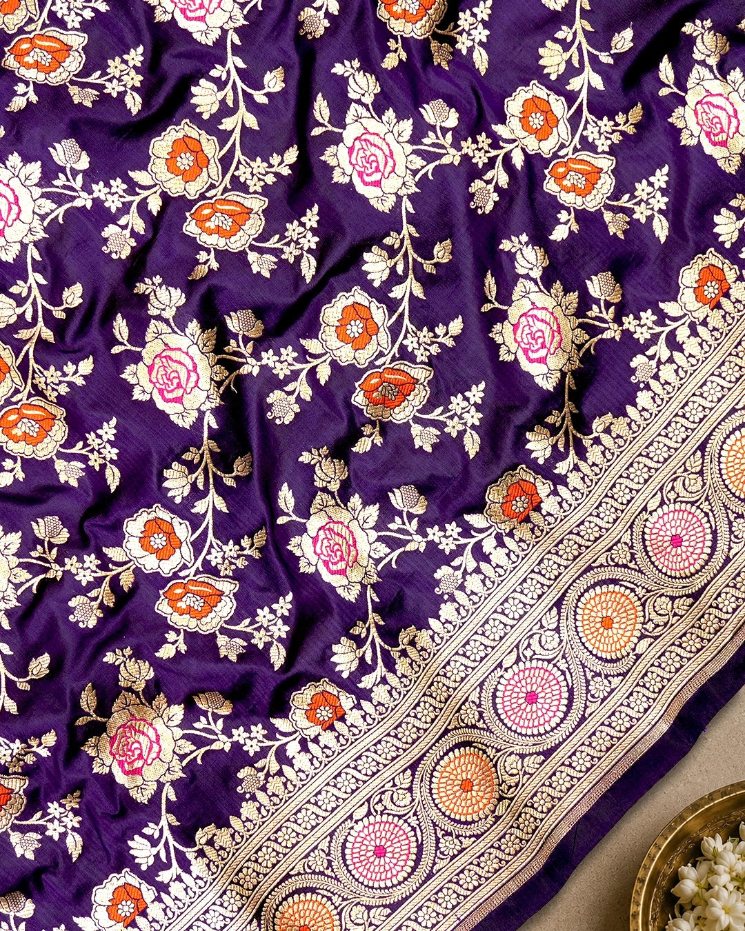 Royal Purple Pure Katan Saree with Meenakari Floral Trail Weaves