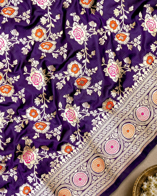 Royal Purple Pure Katan Saree with Meenakari Floral Trail Weaves