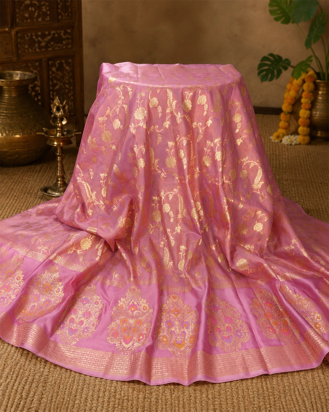 Pink Pure Tissue Saree with Floral Vine Jaal & Meenakari Paisley Pallu Weaving