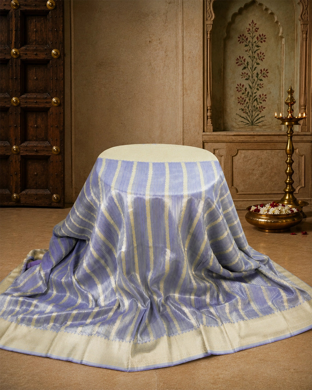 Misty Blue Pure Georgette and Tissue Saree with Stripe Weaves