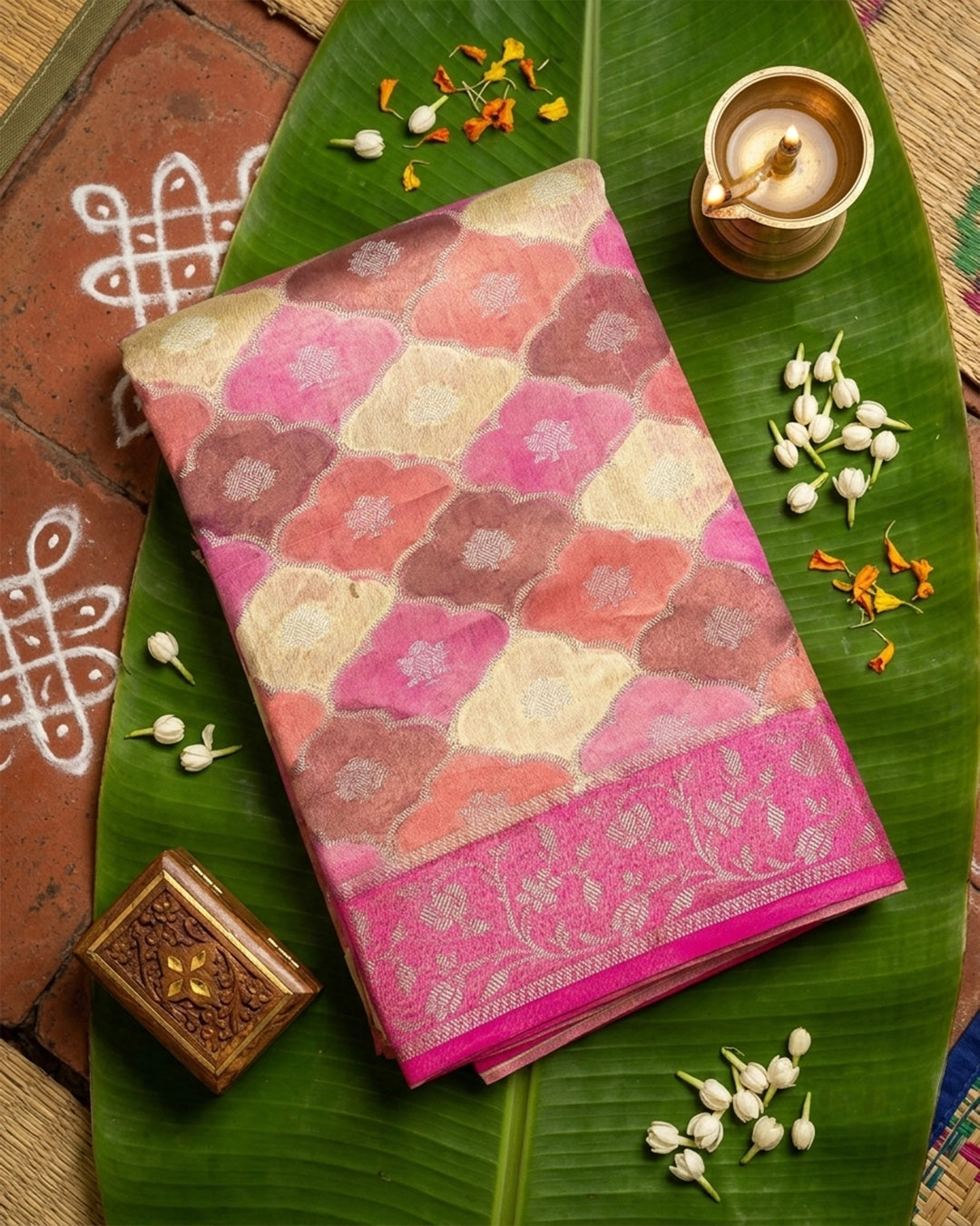 Pastel Rankat Pure Banarasi Silk + Tissue Saree with Floral Mosaic Weaving