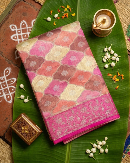 Pastel Rankat Pure Banarasi Silk + Tissue Saree with Floral Mosaic Weaving