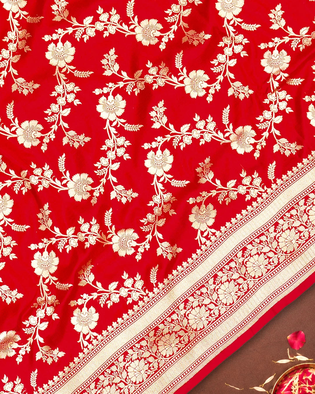 Red Pure Katan Saree with Floral Jangla Weaves