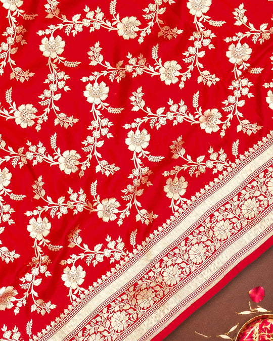 Red Pure Katan Saree with Floral Jangla Weaves
