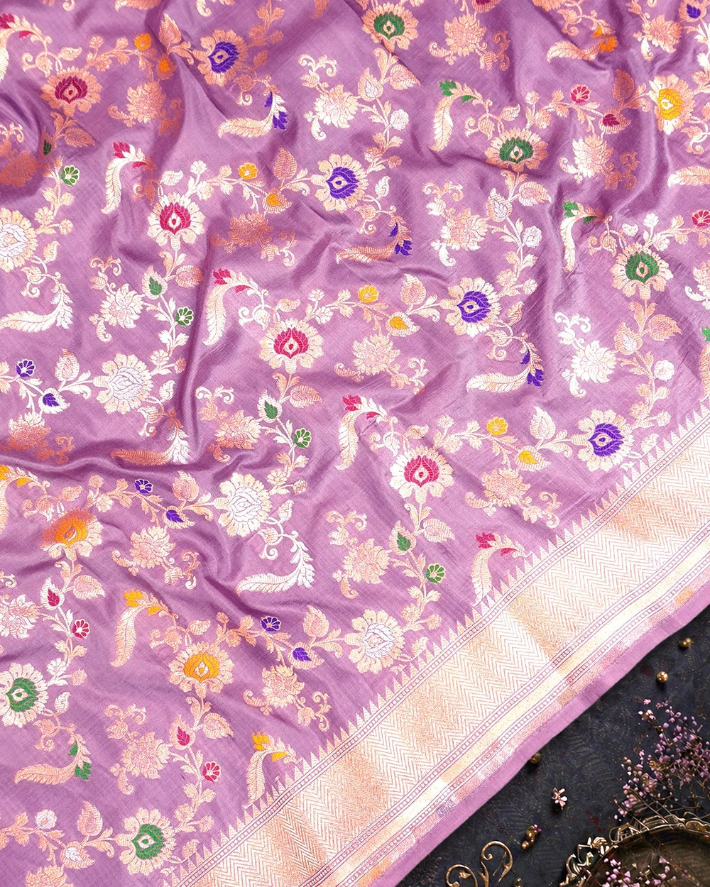 Lilac Purple Pure Katan Saree with Multicolor Floral Meenakari Vines