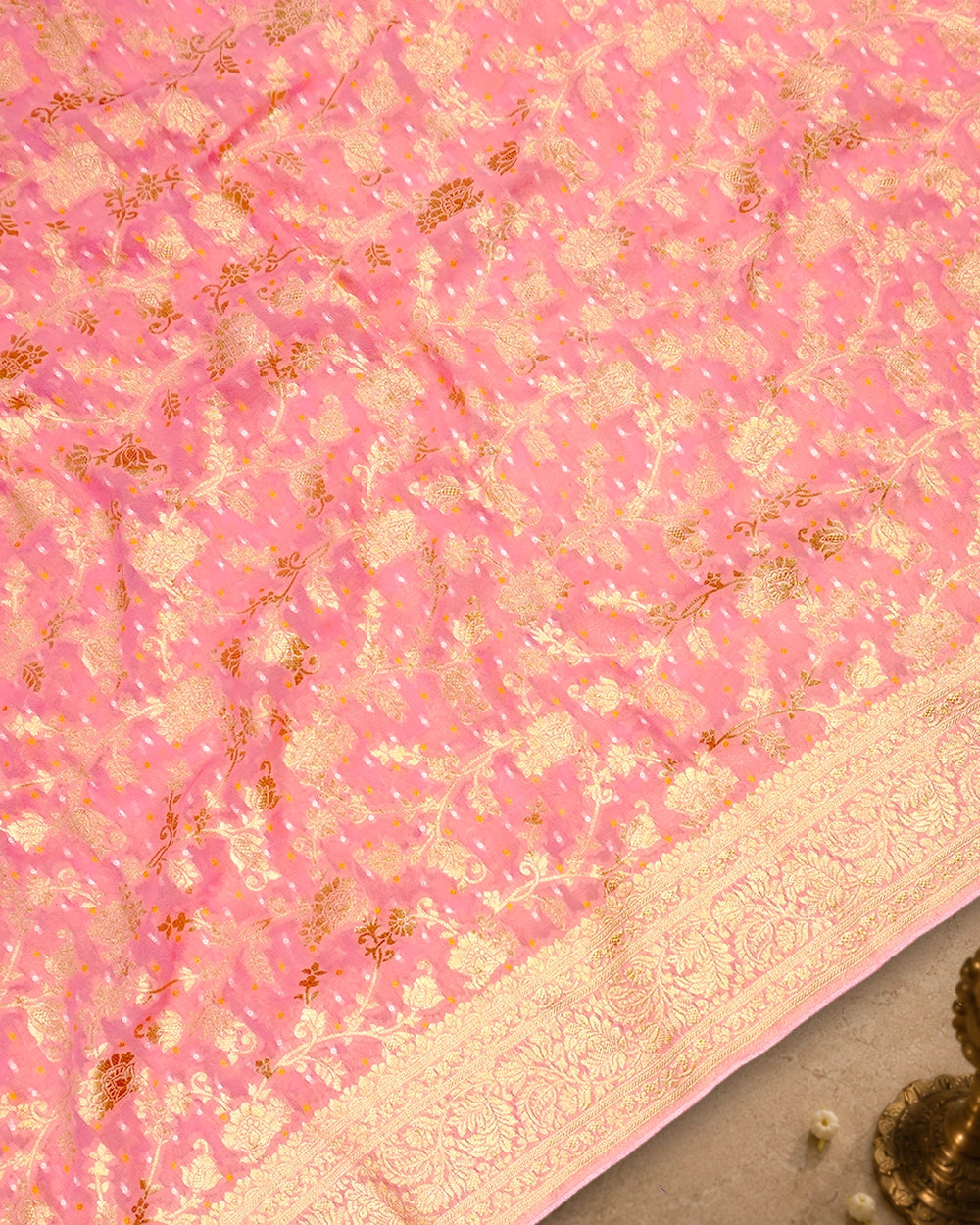 Soft Pink Pure Khaddi Georgette Bandhej Saree with Floral Vine Jaal