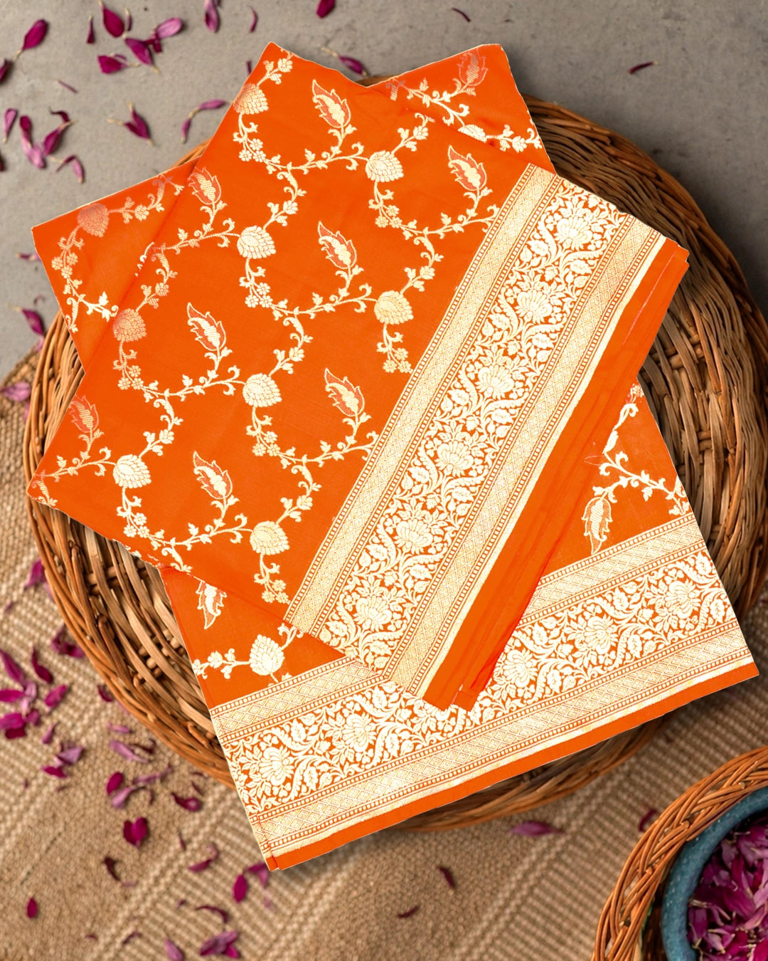 Orange Pure Katan Saree with Floral Jaal Weaves