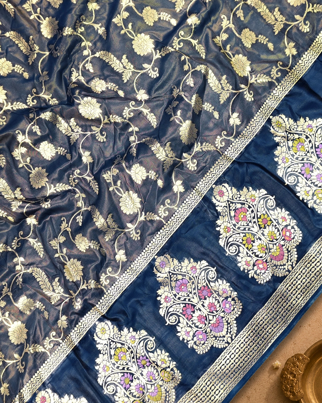 Blue Pure Tissue Saree with Floral Vine Jaal & Meenakari Paisley Pallu Weaving