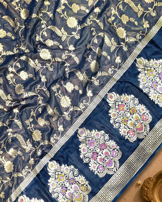 Blue Pure Tissue Saree with Floral Vine Jaal & Meenakari Paisley Pallu Weaving