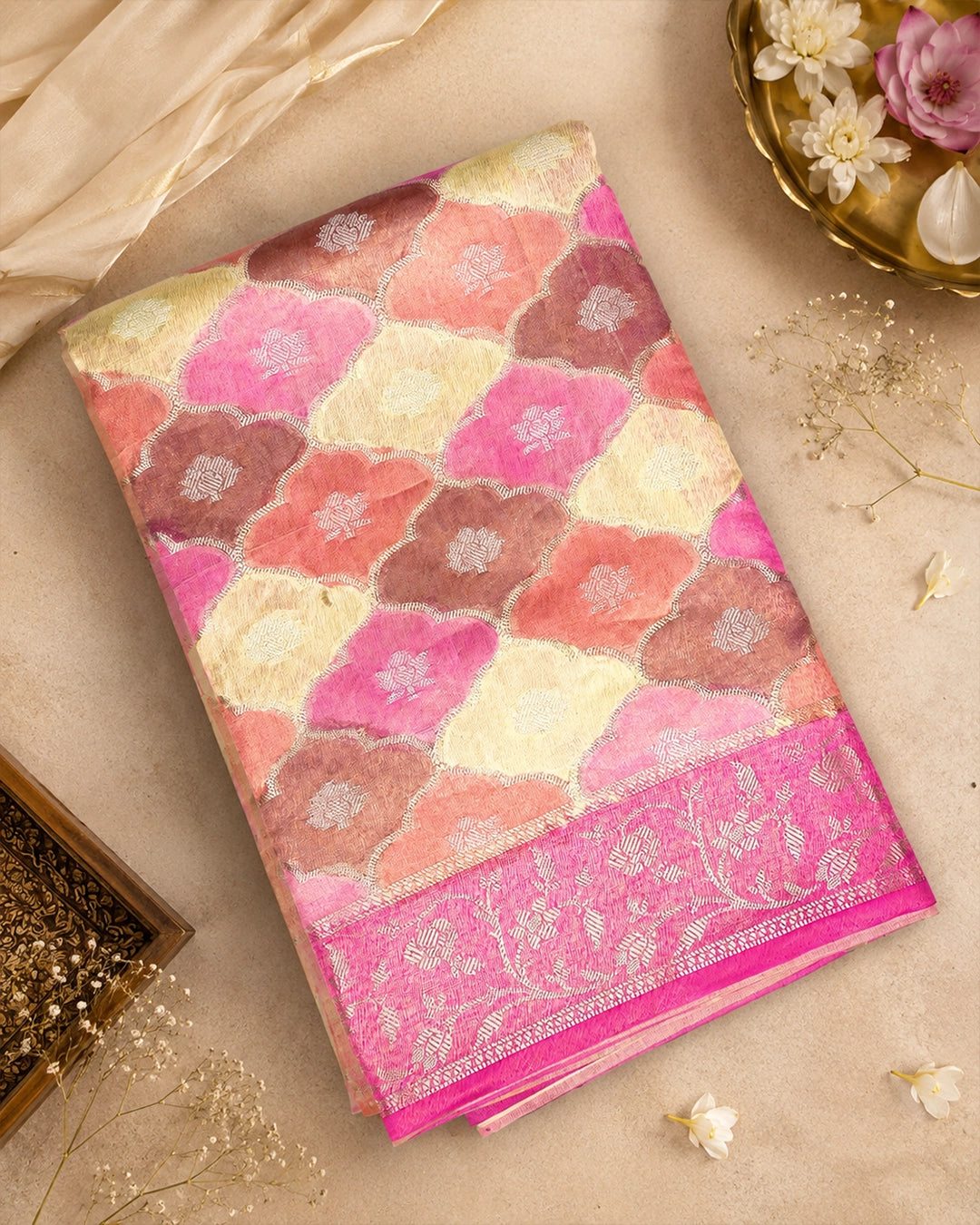 Pastel Rankat Pure Banarasi Silk + Tissue Saree with Floral Mosaic Weaving