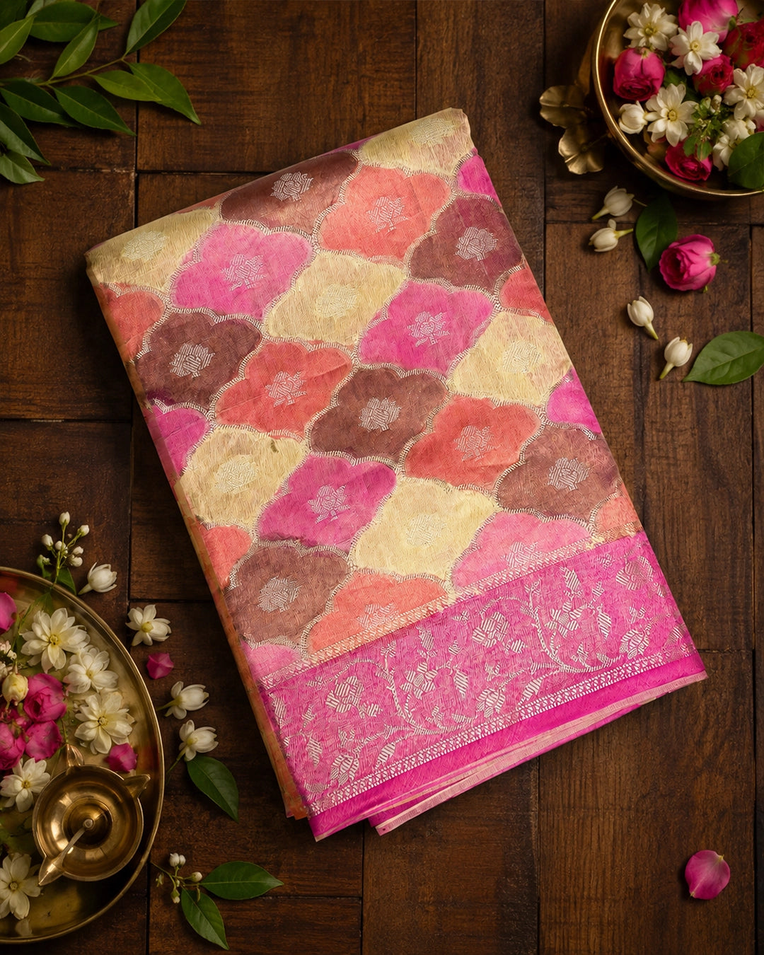 Pastel Rankat Pure Banarasi Silk + Tissue Saree with Floral Mosaic Weaving
