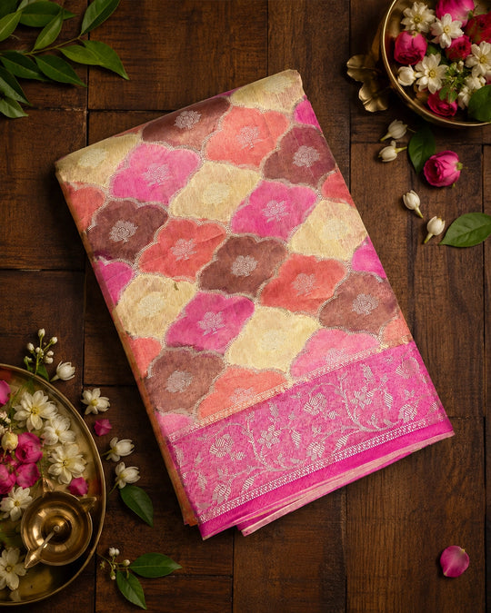 Pastel Rankat Pure Banarasi Silk + Tissue Saree with Floral Mosaic Weaving