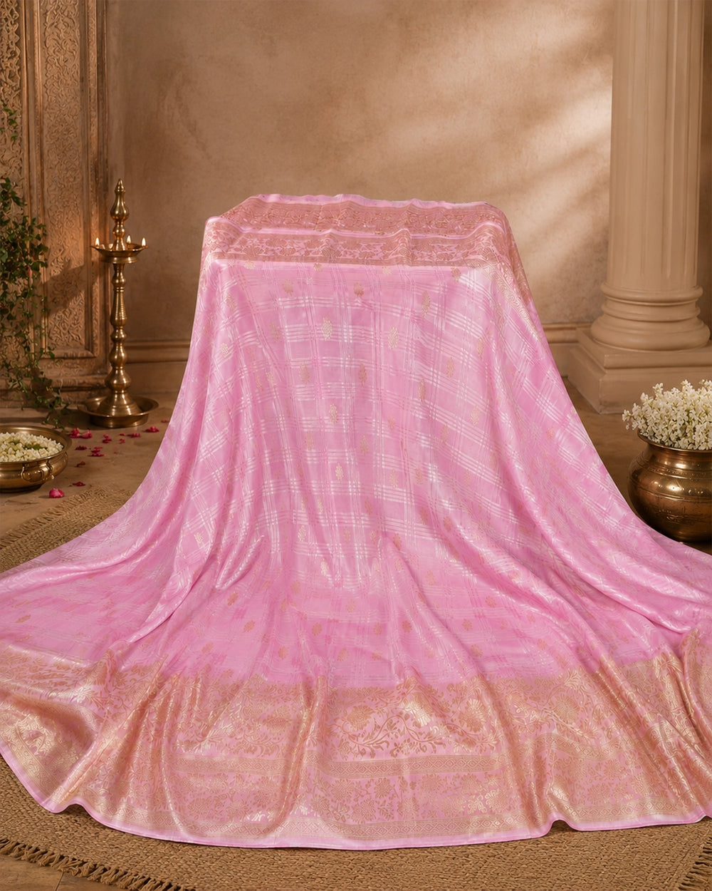 Pink Pure Tangail Silk Saree with Checkered Butidar Weaves