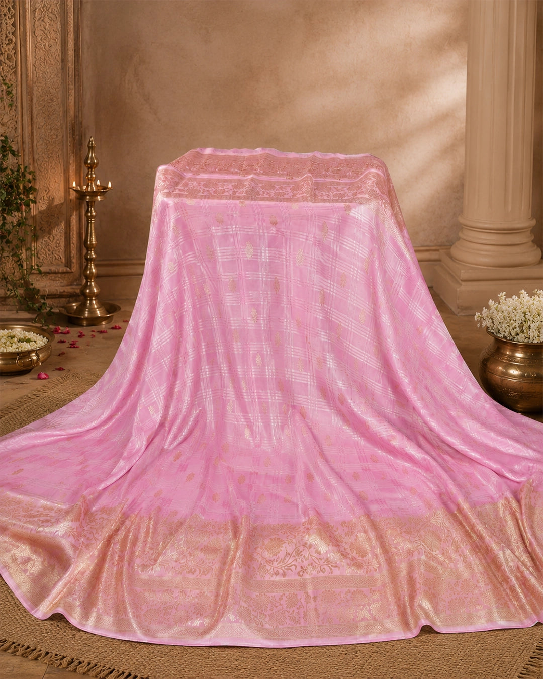 Pink Pure Tangail Silk Saree with Checkered Butidar Weaves