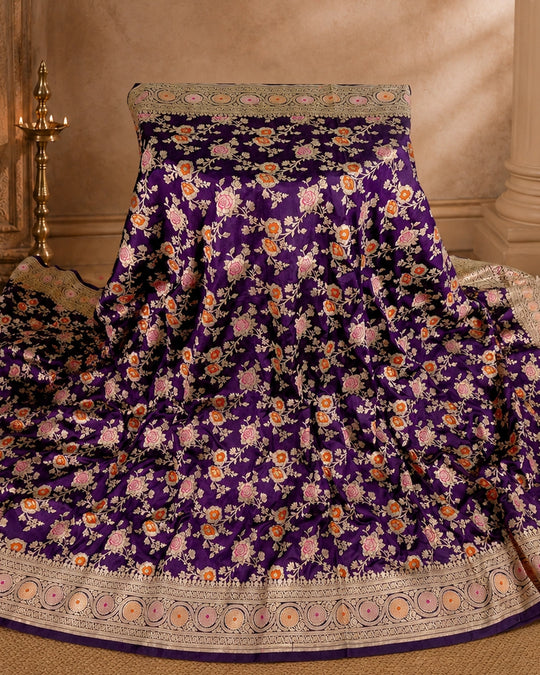 Royal Purple Pure Katan Saree with Meenakari Floral Trail Weaves