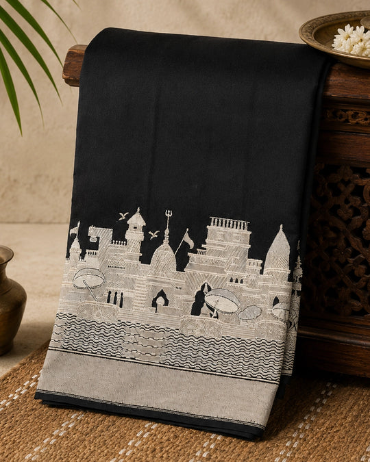 Black Pure Katan Dupatta with Heritage Kashi Skyline Weaving