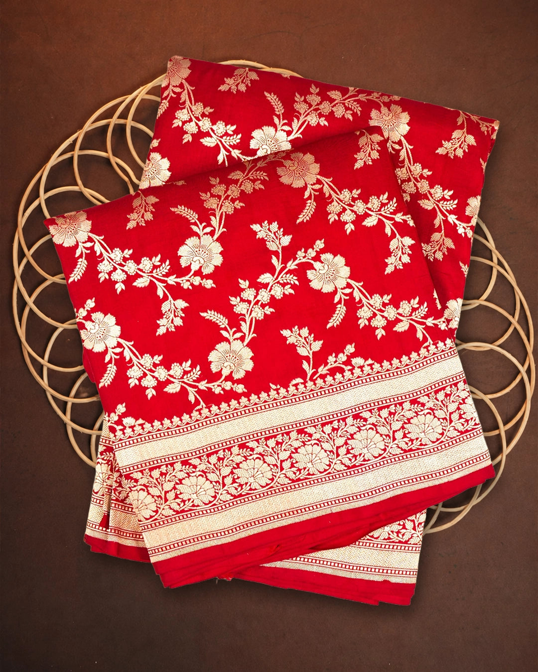 Red Pure Katan Saree with Floral Jangla Weaves