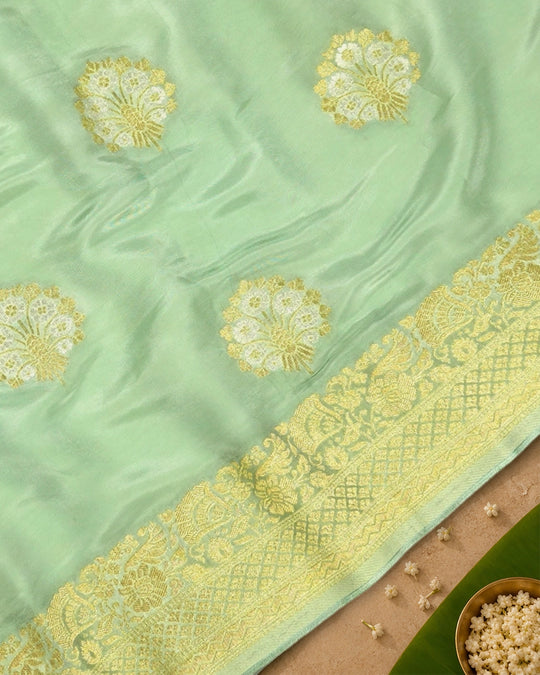 Green Pure Banarasi Saree with Floral Medallion Butta Weaves