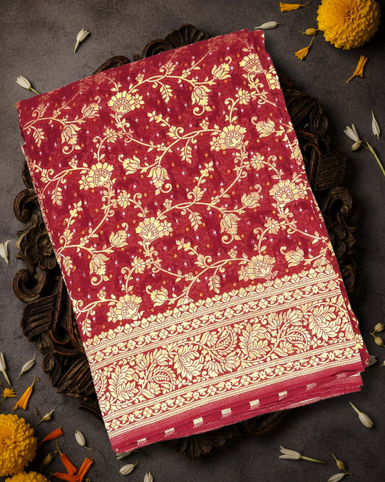 Red Pure Khaddi Georgette Bandhej Saree with Vintage Floral Jaal Weaves