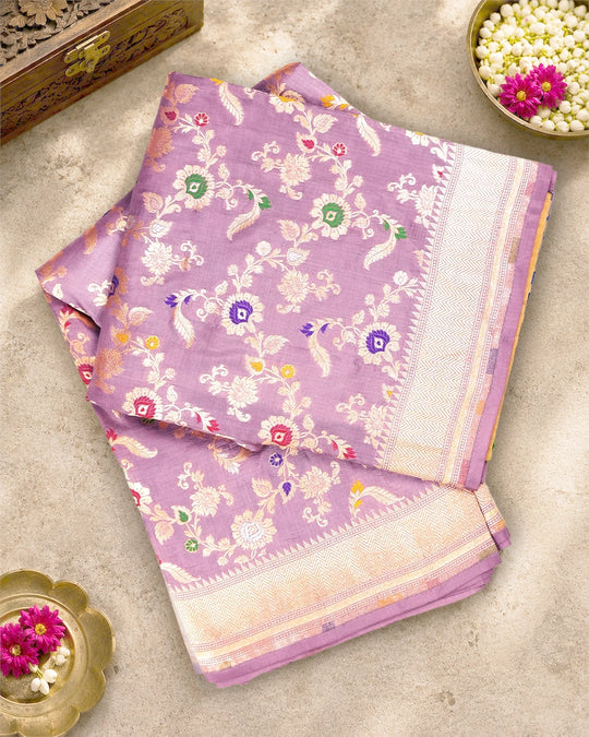 Lilac Purple Pure Katan Saree with Multicolor Floral Meenakari Vines