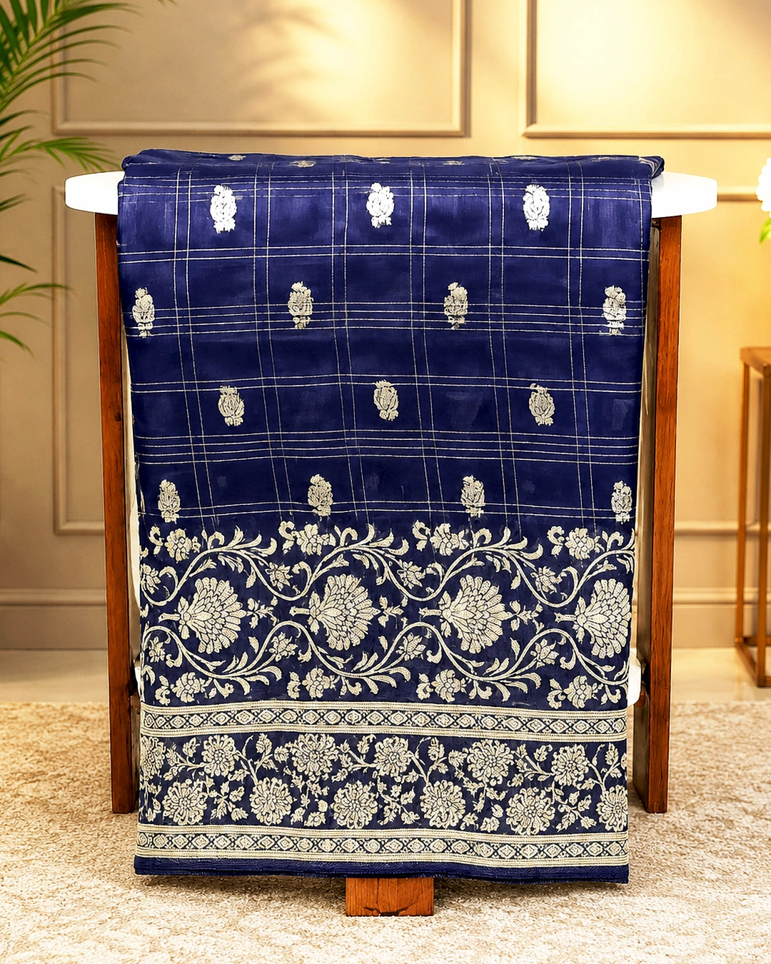Navy Blue Pure Tangail Silk Saree with Butidar Checkered Weaving