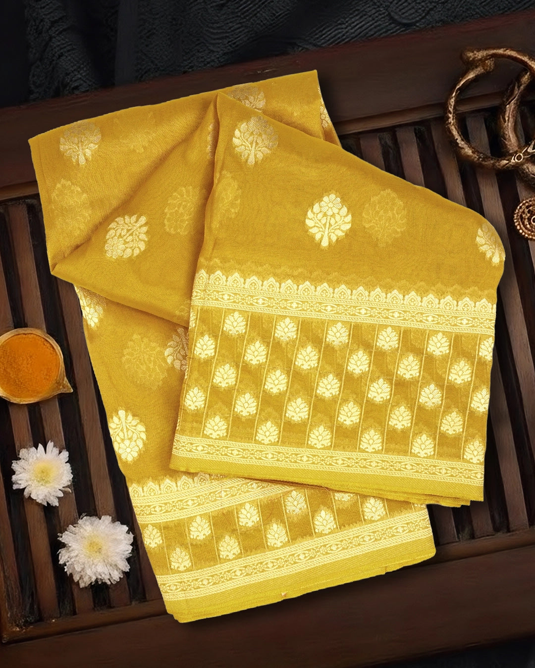 Mustard Gold Pure Tissue Saree with Floral Medallions Weaves